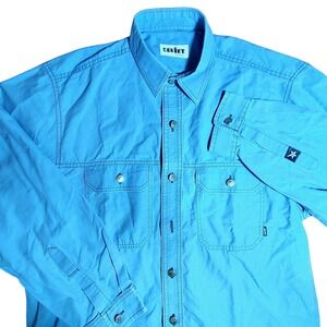 Soviet Vintage Style Workwear Shirt Mens Small Button Up Blue Star Detail 90s